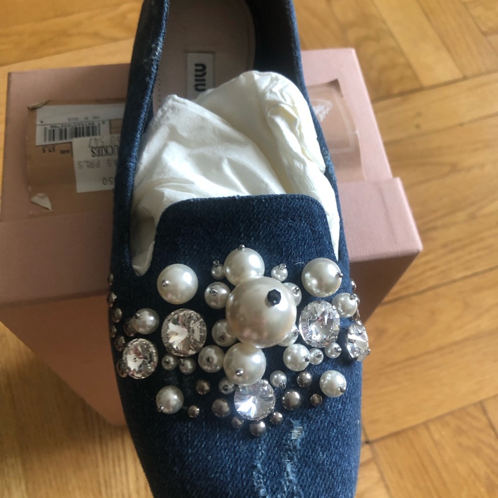 Miu Miu Navy Denim Pearl & Crystal Embellished Loafers - Picture 9 of 9